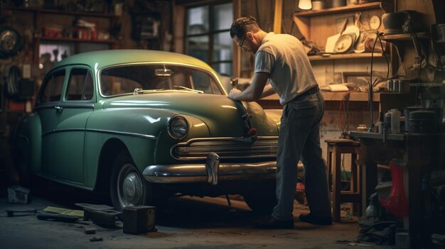 Foto um mecânico trabalhando em um carro em uma garagem