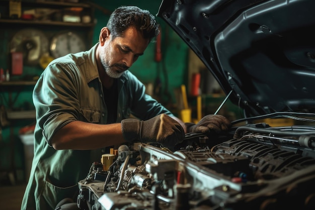 Um mecânico trabalhando em um motor de carro