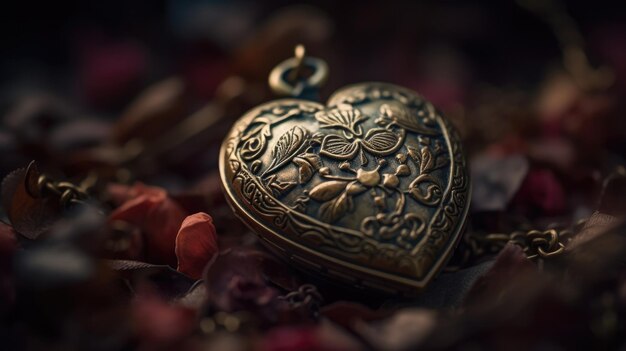 Um medalhão de ouro em forma de coração com um pássaro nele.