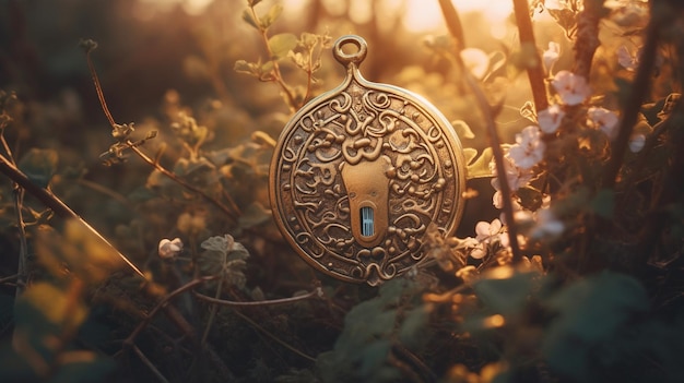 Um medalhão de ouro fica em um canteiro de flores com uma pedra azul no meio.