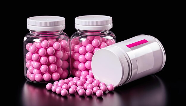 Um medicamento rosa derrama de um recipiente branco e rosa em uma superfície preta