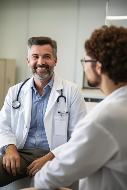 Foto um médico a tratar um paciente no seu consultório.