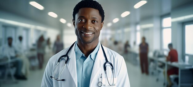 Um médico africano sorridente em um hospital