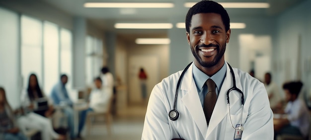 Um médico africano sorridente em um hospital