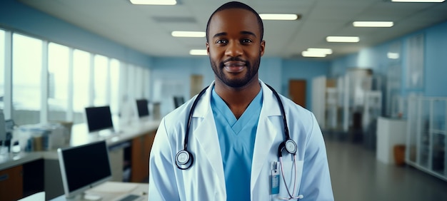 Um médico africano sorridente em um hospital