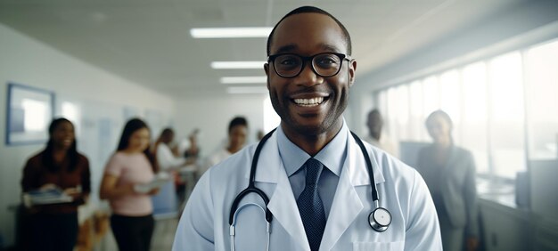 Um médico africano sorridente em um hospital