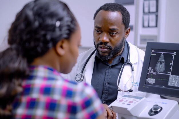 Foto um médico afro-americano examina cuidadosamente a tireoide de uma paciente usando um ultrassom