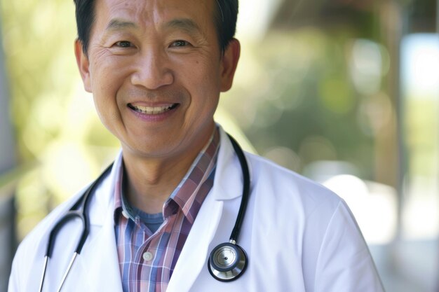 Um médico asiático sorridente e feliz vestindo um casaco branco com um estetoscópio olhando para a câmera