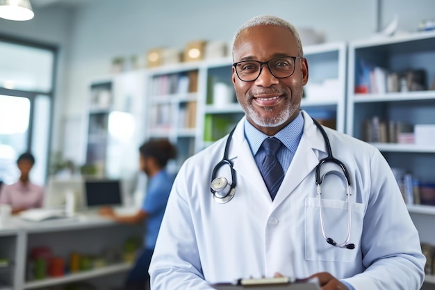 Um médico centralizado realista em pé em um consultório médico vestindo um jaleco branco