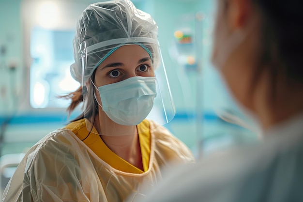 Um médico com um boné e máscara fala com a enfermeira contra o fundo de uma sala de hospital brilhante