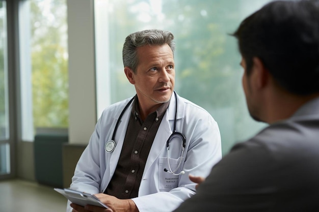 um médico conversa com um médico em um hospital.