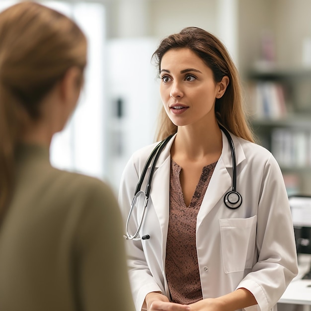 Um médico conversa com uma mulher em um quarto de hospital.