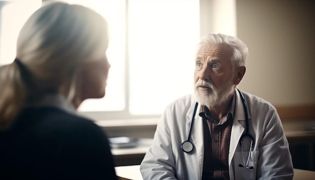 Um médico conversa com uma mulher em um quarto de hospital.