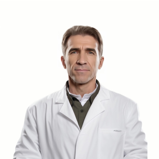 Foto um médico de cabelo curto, vestindo um jaleco e uma aparência inteligente