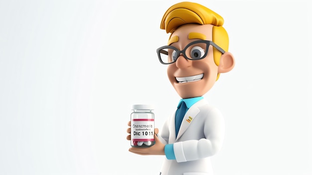 Foto um médico de desenho animado alegre segura uma garrafa de comprimidos. a garrafa tem um rótulo que diz chemcraft.
