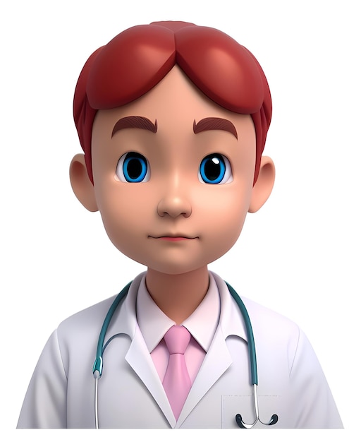 Foto um médico de desenho animado com jaleco branco e cabelo ruivo.