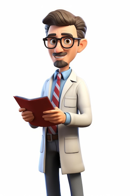 Um médico de desenho animado está segurando um livro vermelho