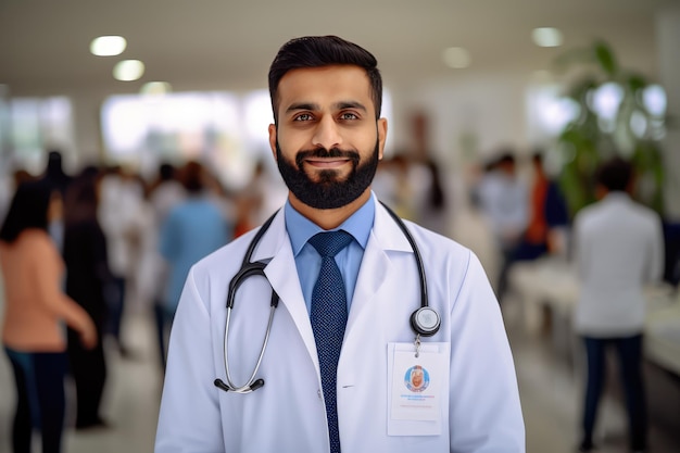 Um médico de jaleco branco com um estetoscópio no peito está em um hospital.