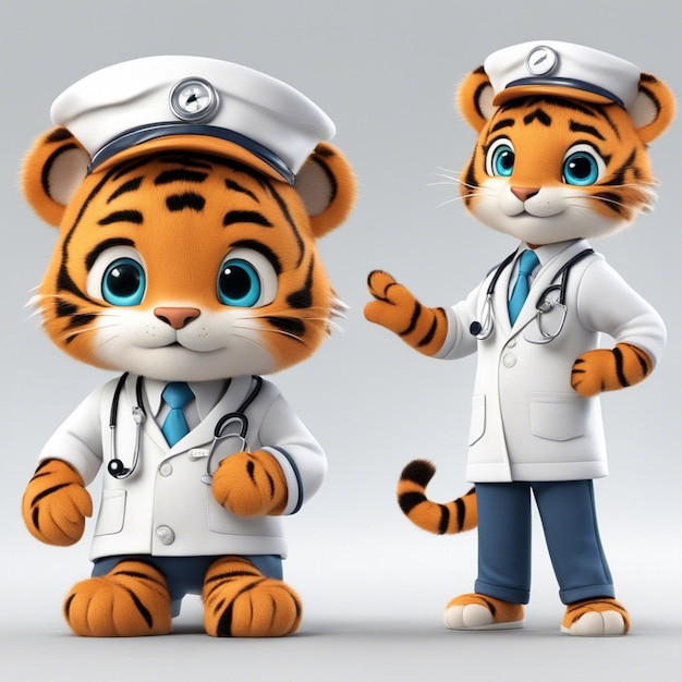 Foto um médico de tigre fofo veste fundo branco