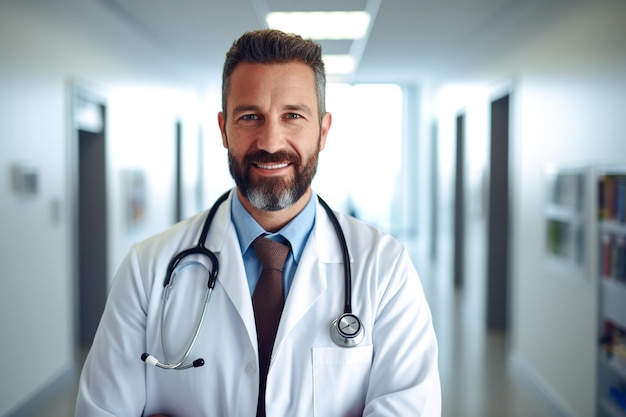 Um médico do sexo masculino com uma bata de laboratório e estetoscópio com os braços dobrados de pé no corredor do hospital