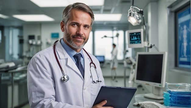 um médico do sexo masculino educado em um casaco branco está em um hospital segurando um comprimido