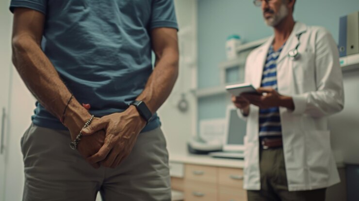 Foto um médico e um paciente durante uma consulta em um consultório médico