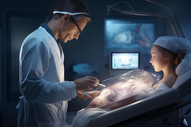 um médico e uma criança em um quarto de hospital com um médico olhando para um bebê.