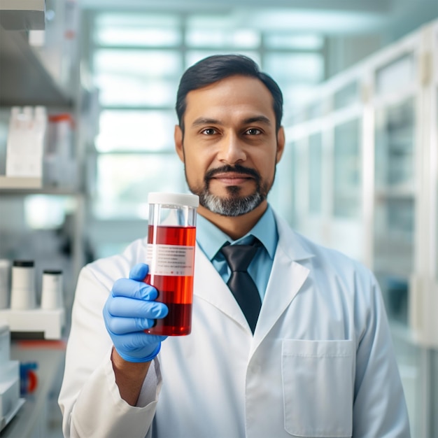 Um médico em farmacêutico trabalhando e feliz hospital laboratório de rosto