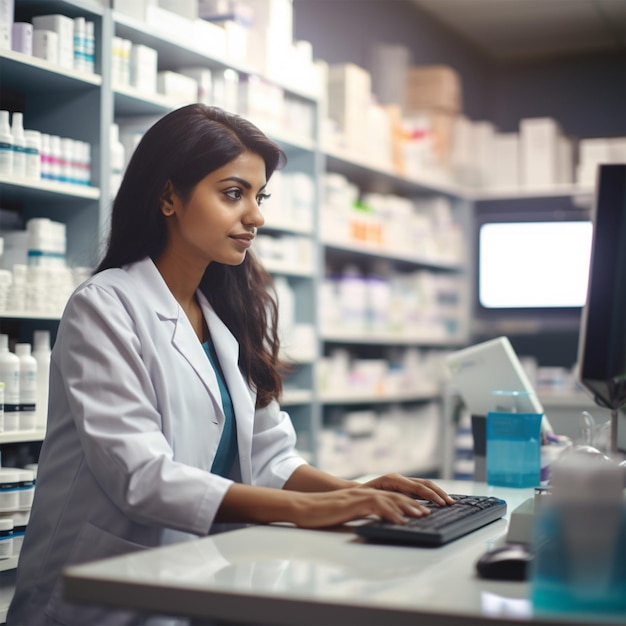 Um médico em farmacêutico trabalhando e feliz hospital laboratório de rosto