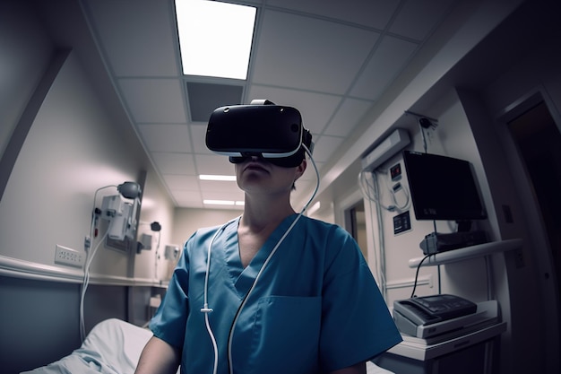 Um médico em óculos de simulação de realidade virtual faz uma operação de cirurgia generativa ai