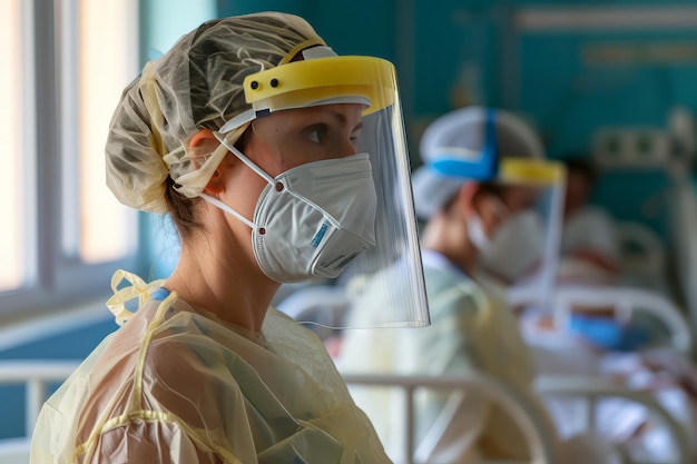 Um médico em um boné e máscara está sobre uma cama de paciente contra o fundo de um quarto de hospital