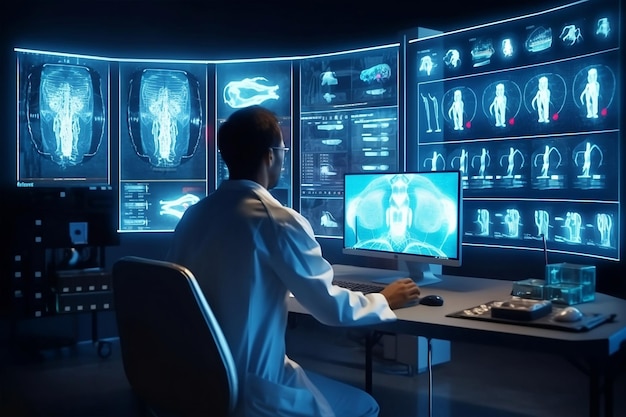 Um médico está sentado em uma mesa em frente a uma tela de computador que diz 'ct scan' nela.