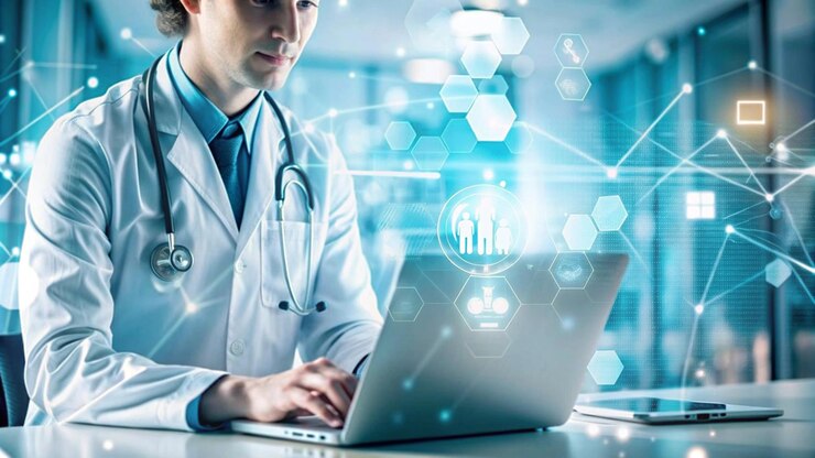 Foto um médico está trabalhando em um laptop com uma tela digital