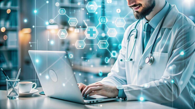 Foto um médico está usando um laptop com as palavras médico na tela