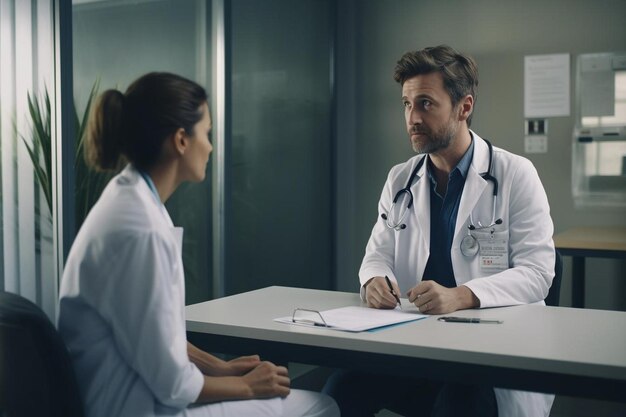 um médico fala com uma mulher em uma bata de laboratório e um médico