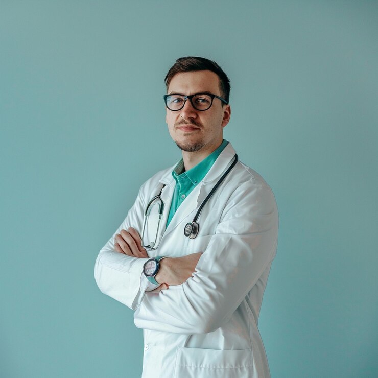 Foto um médico geral com óculos e uma camisa verde está de pé na frente de uma parede azul