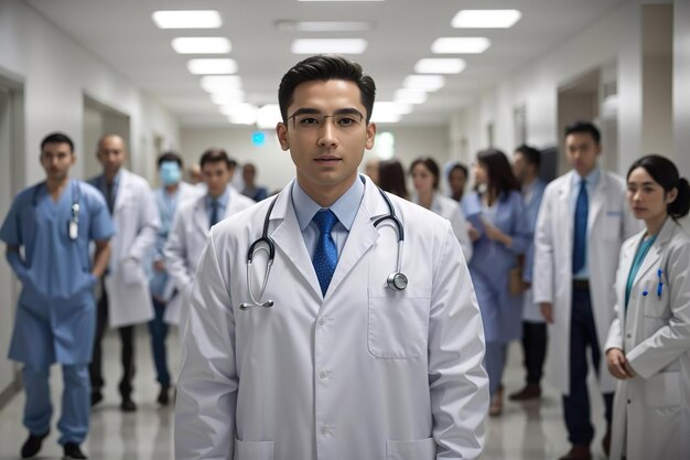 Foto um médico no corredor do hospital com o pessoal da clínica