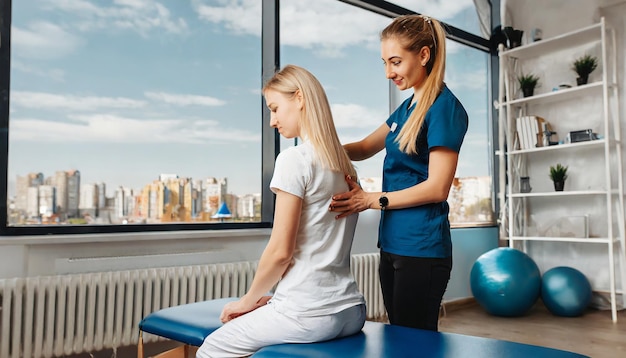 Um médico ou fisioterapeuta ajuda a curar as costas de uma jovem mulher e dá conselhos no âmbito da reabilitação.