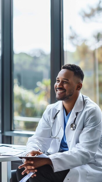 Foto um médico preto sorridente senta-se em uma secretária no hospital