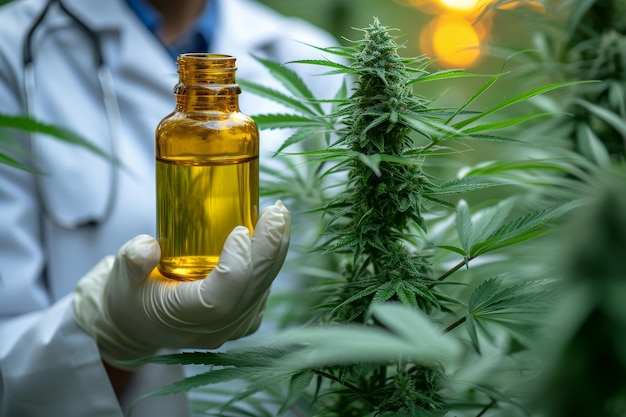 um médico segurando uma garrafa de óleo de cannabis