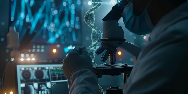 Foto um médico segurando uma molécula de dna sob o microscópio no estilo de ambientes de sci-fi