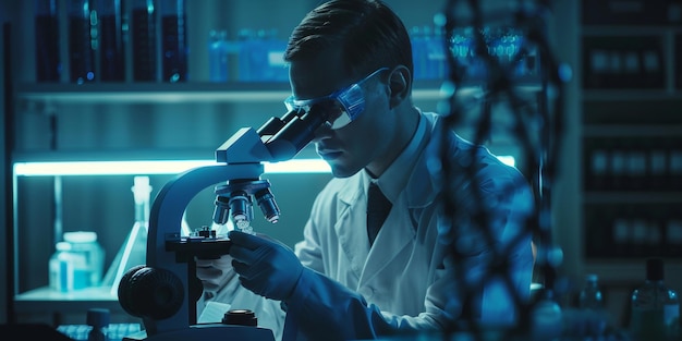 Foto um médico segurando uma molécula de dna sob o microscópio no estilo de ambientes de sci-fi