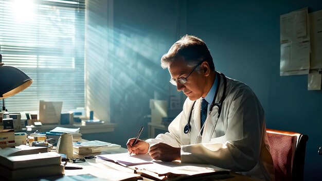 Foto um médico sentado em uma mesa com uma caneta e papel