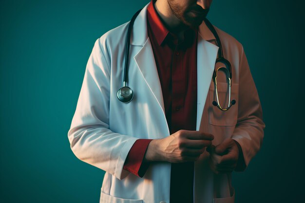 Foto um médico solitário de casaco branco segurando um estetoscópio