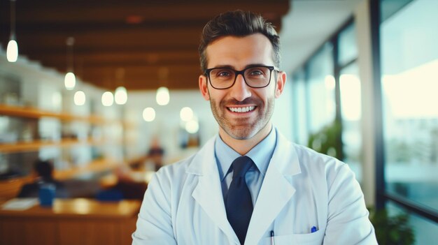 Um médico sorridente de pé no hospital