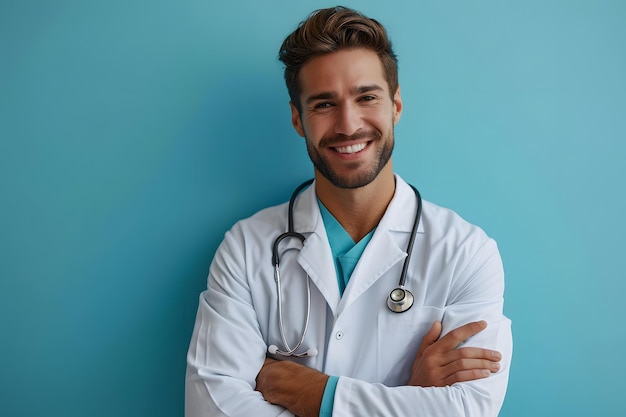 Foto um médico sorridente e feliz apontando com o dedo para um fundo azul.