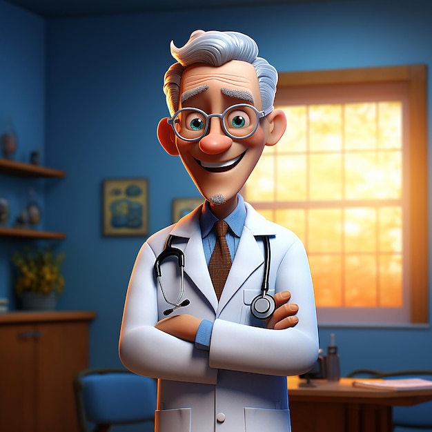 Um médico sorridente, personagem de desenho animado, de pé no local de trabalho.