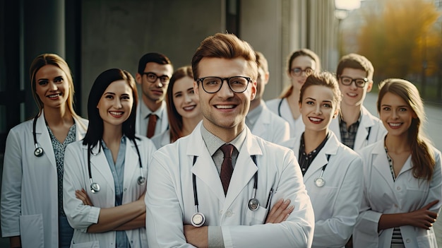 Um médico sorridente vestindo um casaco branco limpo e óculos está tirando uma foto com sua equipe de médicos