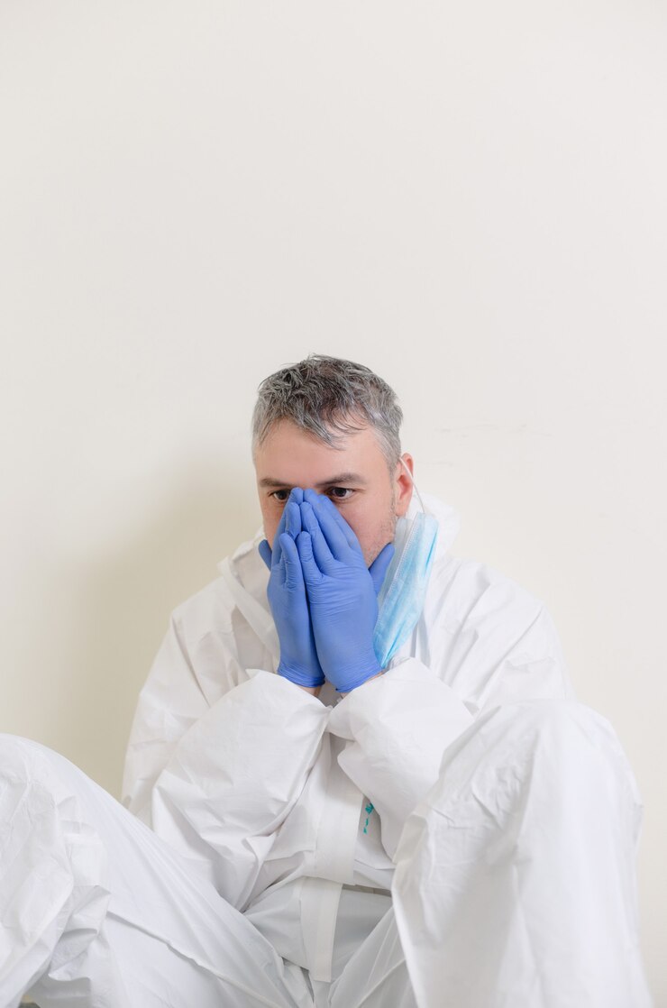 Foto um médico triste com um traje de proteção está sentado no chão do corredor do hospital. profissionais de saúde durante a pandemia de coronavírus covid19.