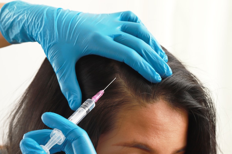 Foto um médico usando luvas azuis dá injeções em uma mulher para um tratamento no couro cabeludo.